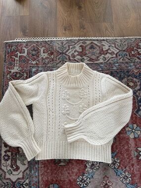 Doeb Cream Cable Knit Balloon Sleeve Sweater